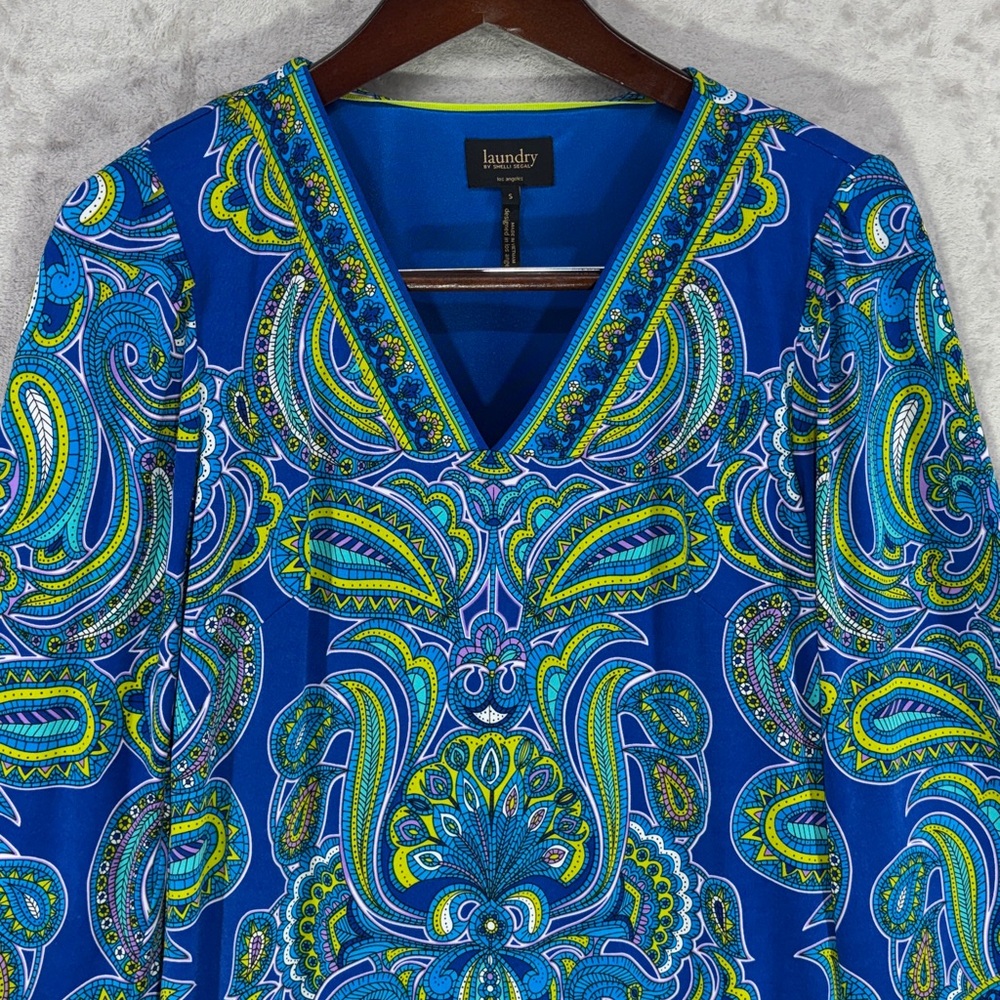 Laundry by Shelli Segal Paisley V Neck 3/4 Sleeves Tunic Shift Dress Size S - Picture 2 of 9